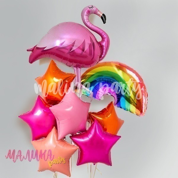 Букет воздушных шаров фламинго радуга и звезды
