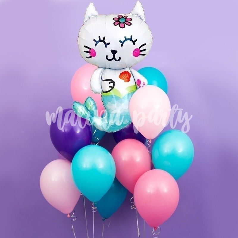 Букет воздушных шаров с гелием котенок-русалка