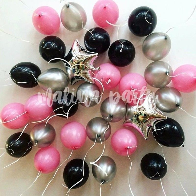 Воздушные шары под потолок черный, розовый и серебро 32 штуки
