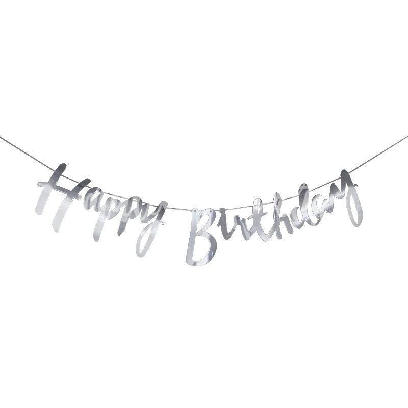Воздушный шар надпись С днем рождения с завитками серебро