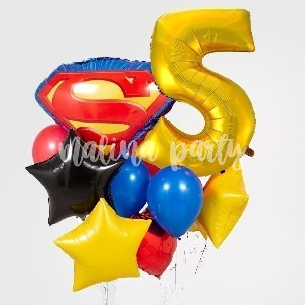 Букет воздушных шаров Супермена с цифрой 5 на день рождения