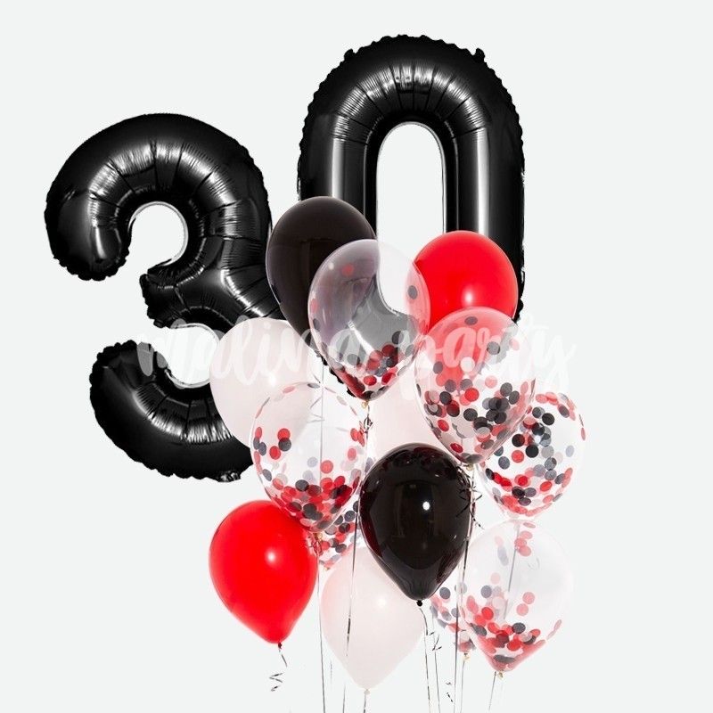 Букет воздушных шаров с конфетти и черная цифра на день рождения