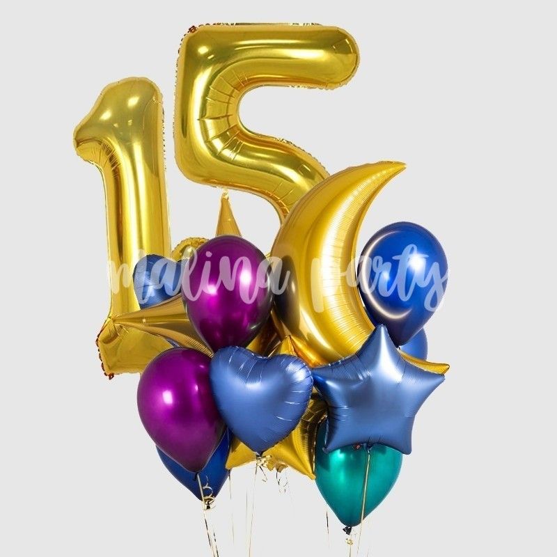 Букет воздушных шаров месяц и золотая цифра на день рождения