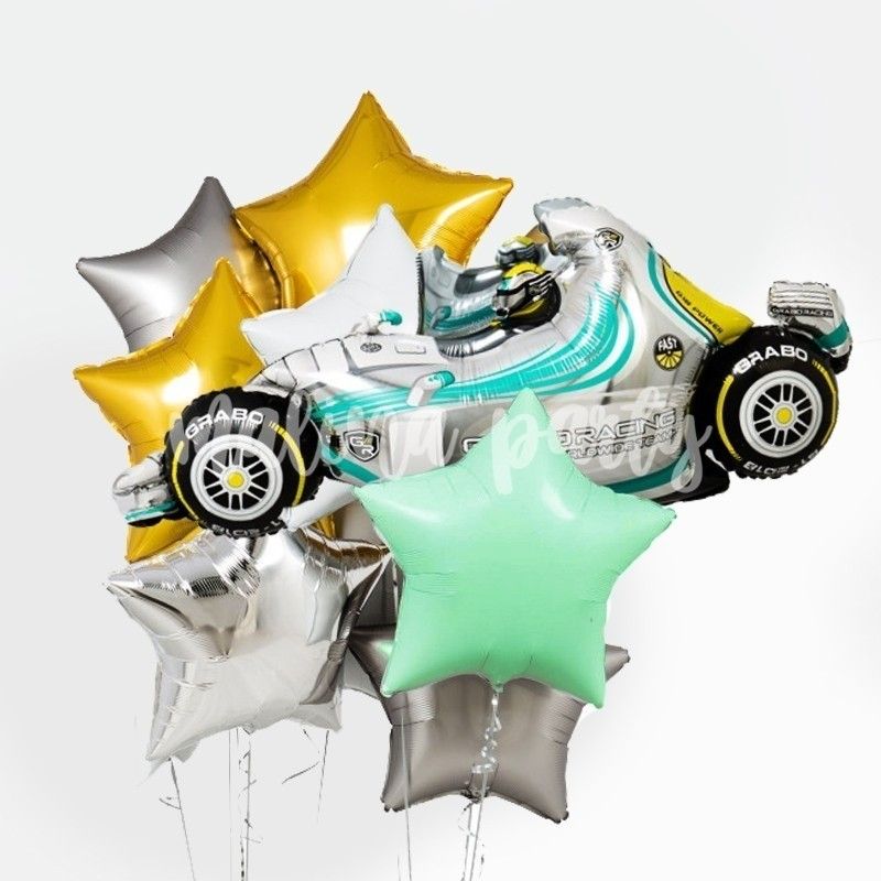 Букет гелиевых воздушных шаров с гоночной машиной