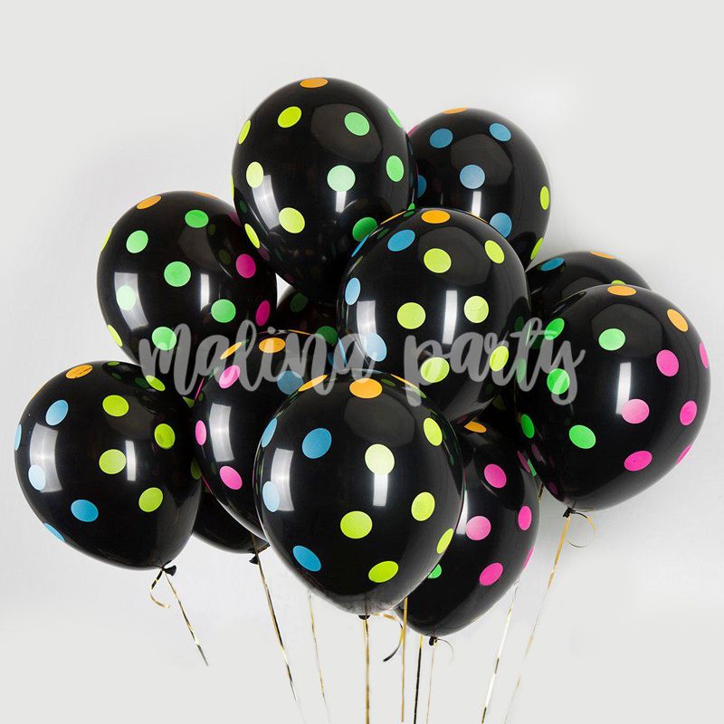 Букет воздушных шаров с гелием черные в горошек неон 12 штук
