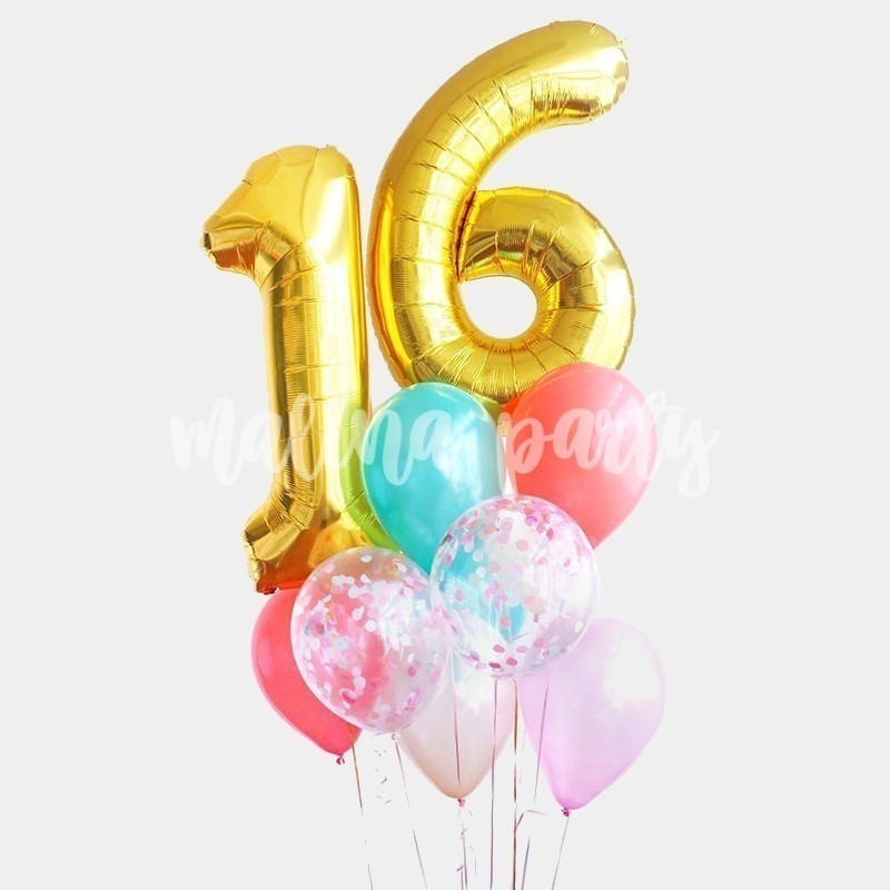 Букет воздушных шаров с золотыми цифрами на день рождения