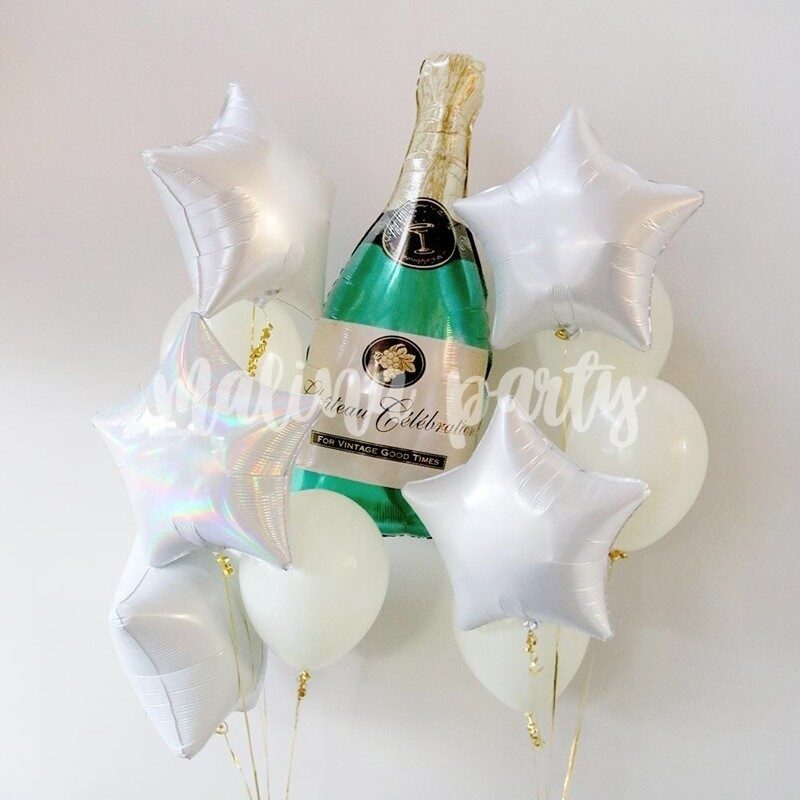 Букет воздушных шаров шампанское и белые звезды