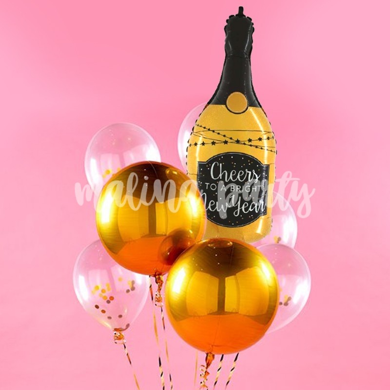 Букет воздушных шаров с гелием шампанское и золотые сферы