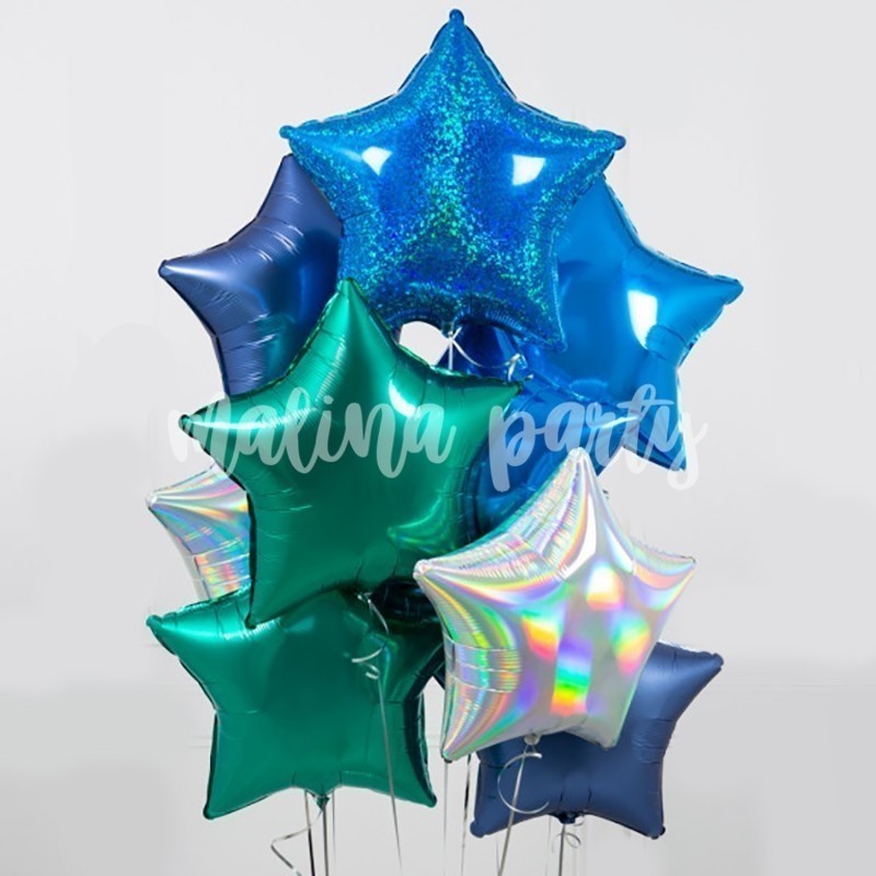 Букет воздушных шаров синие и зеленые звезды