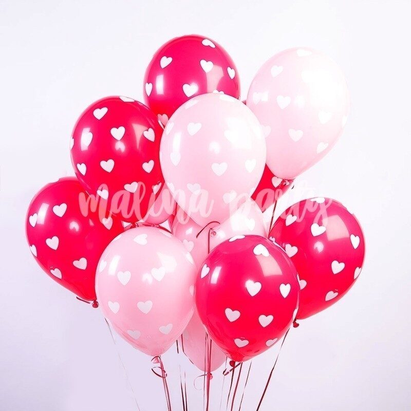 Букет воздушных шаров с гелием розовые с сердечками 14 штук