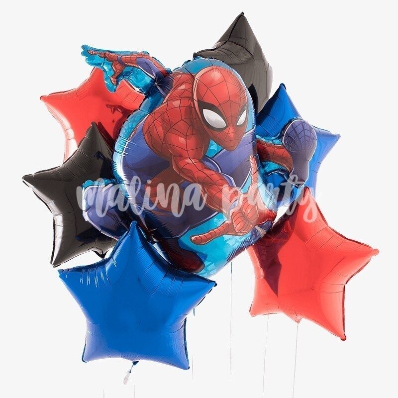 Букет воздушных шаров с гелием Человек паук и звезды
