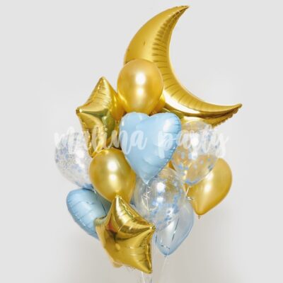 Букет воздушных шаров золото и голубые сердца