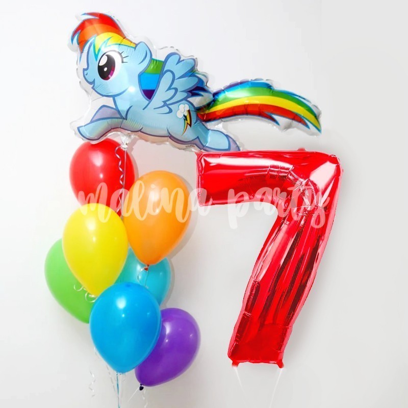 Букет гелиевых воздушных шаров на день рождения с цифрой пони Радуга
