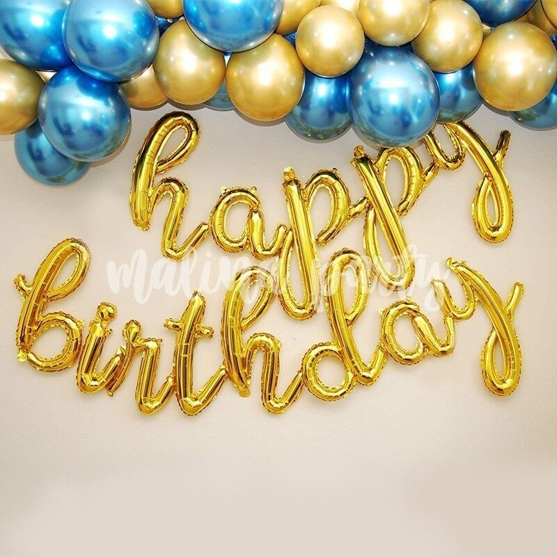 Воздушный шар надпись С днем рождения с завитками синий