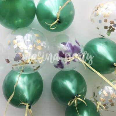 Воздушные шары под потолок зеленый и конфетти 10 штук