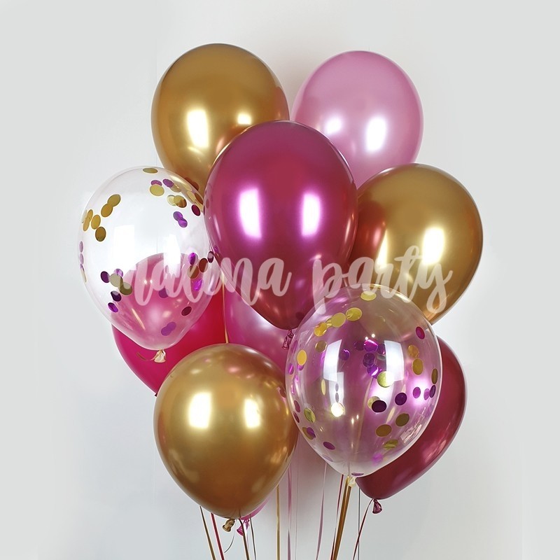 Букет воздушных шаров с гелием золотой и малиновый хром