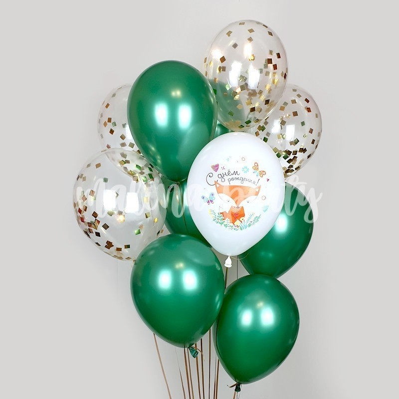 Букет воздушных шаров зеленый с лисой и конфетти