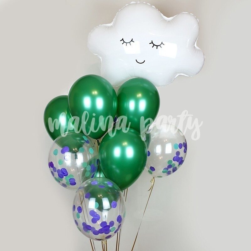 Букет воздушных шаров зеленый с лисой и конфетти