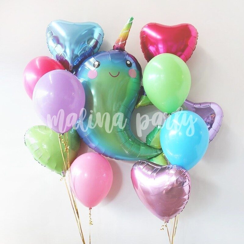 Букет воздушных шаров с гелием Единорог лиловый и звезды