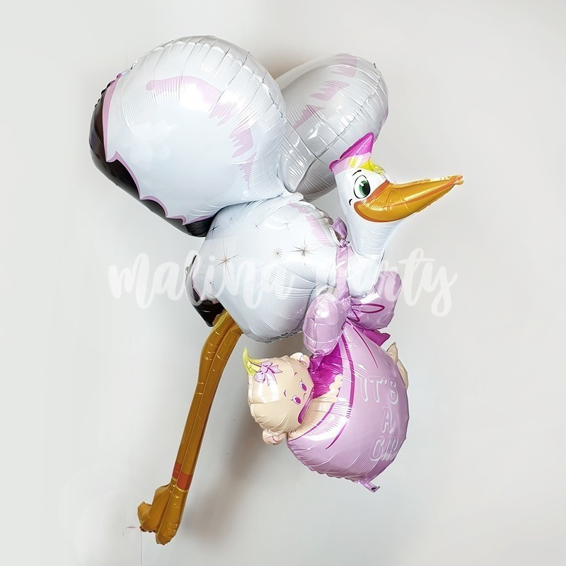 Воздушный шар 3D Аист с младенцем девочка