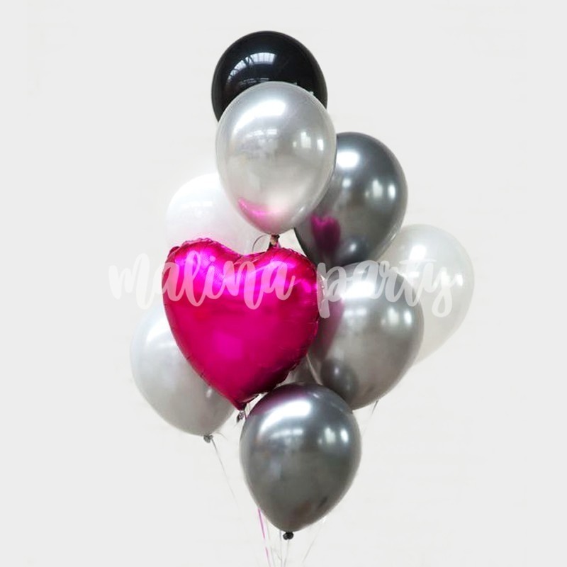 Букет воздушных шаров с гелием серебро и сердце фуксия