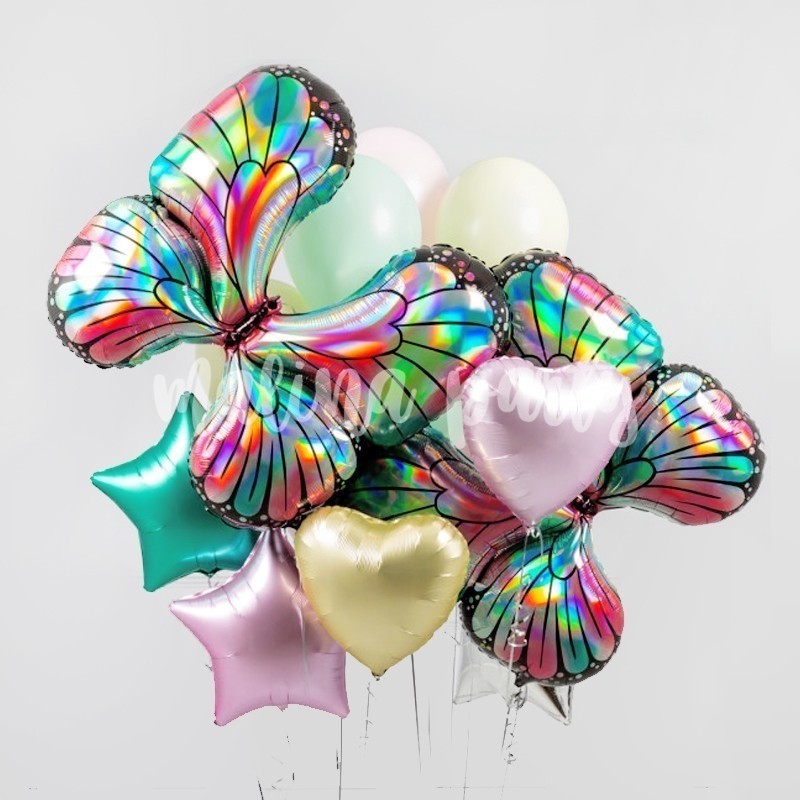 Букет воздушных шаров с гелием бабочки и сердца