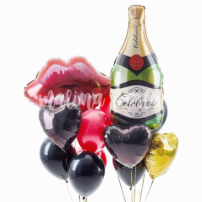 Букет воздушных шаров с гелием губы и шампанское