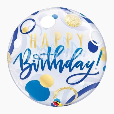 Воздушный шар бабл С днем рождения синий и золото