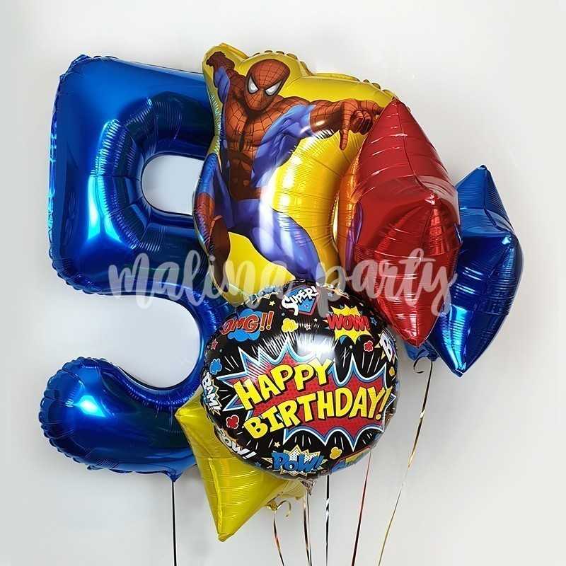 Букет воздушных шаров с цифрой Человек паук на день рождения