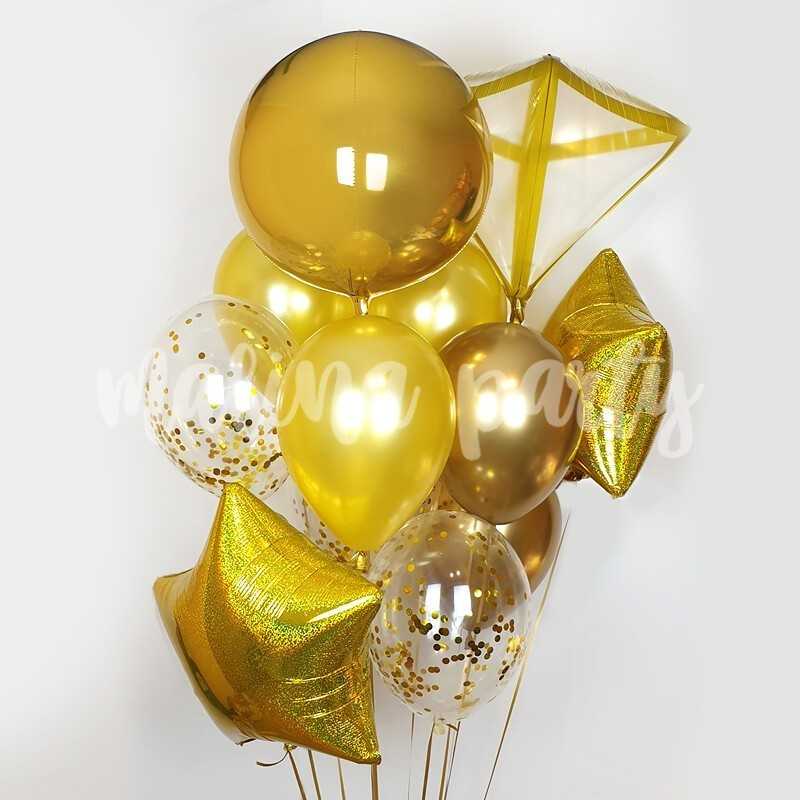 Букет воздушных шаров с гелием золото сфера и алмаз