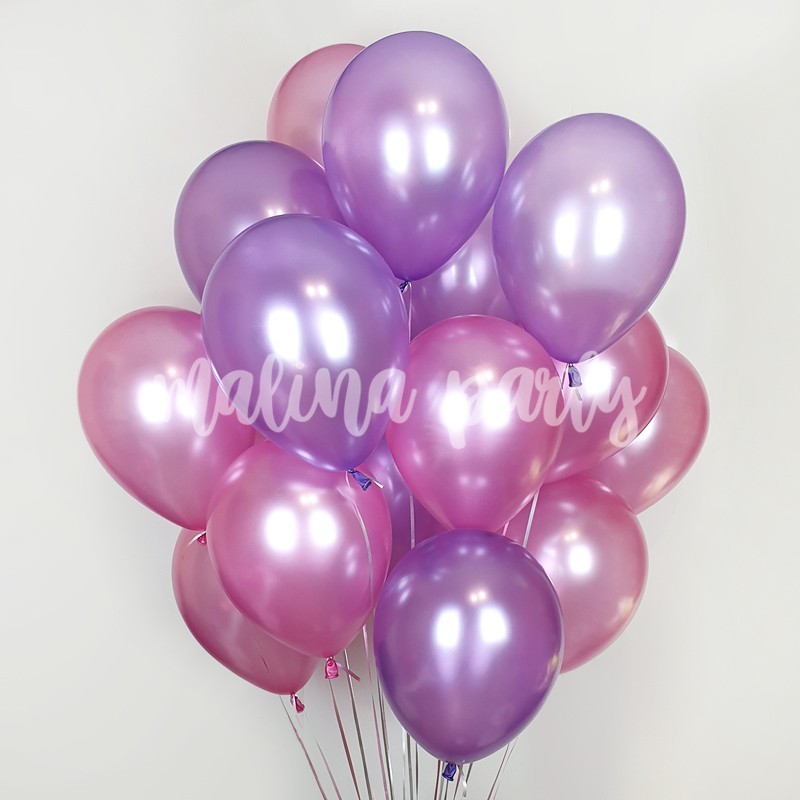 Облако воздушных шаров с гелием розовый и лиловый перламутр