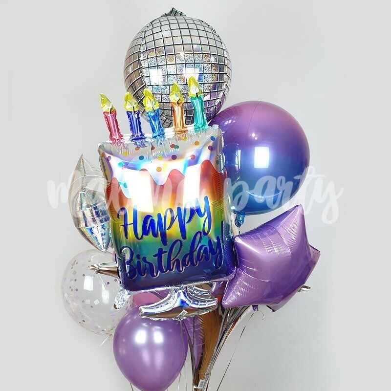 Букет воздушных шаров с гелием золото и фиолетовый хром
