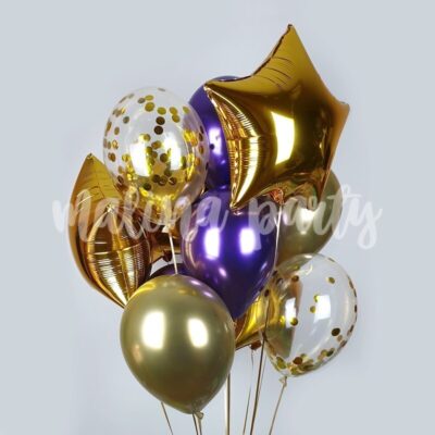 Букет воздушных шаров золото и фиолетовый хром