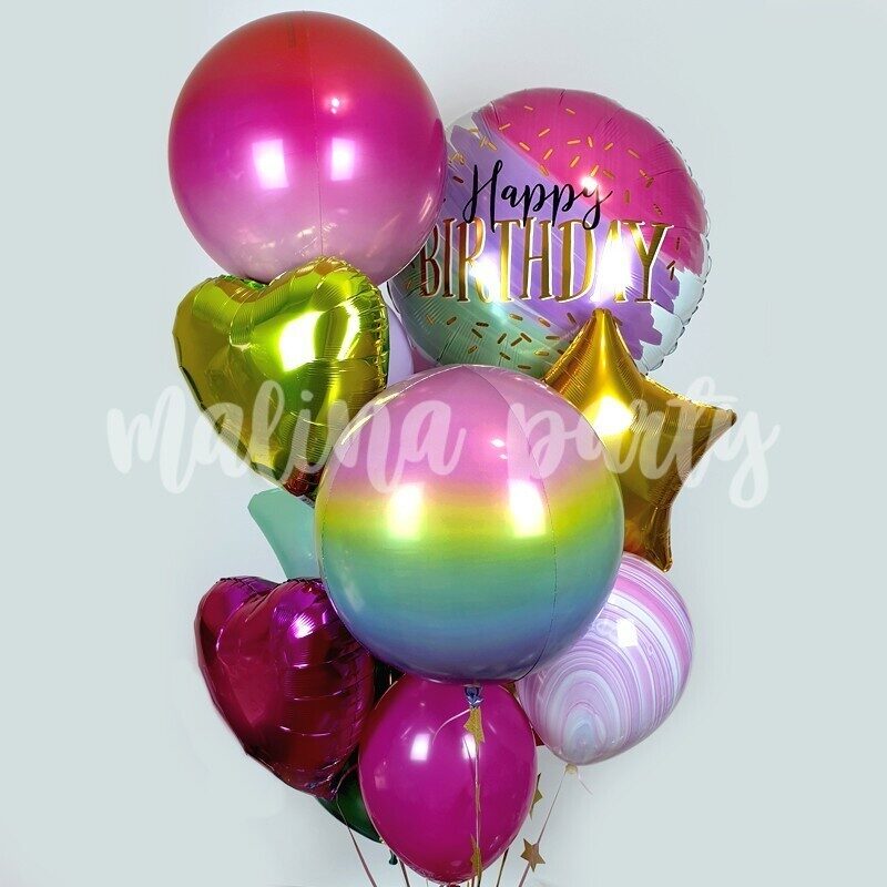 Букет воздушных шаров с гелием золото и фиолетовый хром