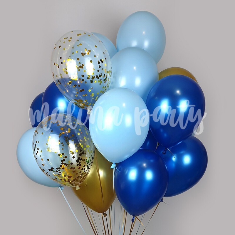 Облако воздушных шаров с гелием синий и золотое конфетти 25 штук