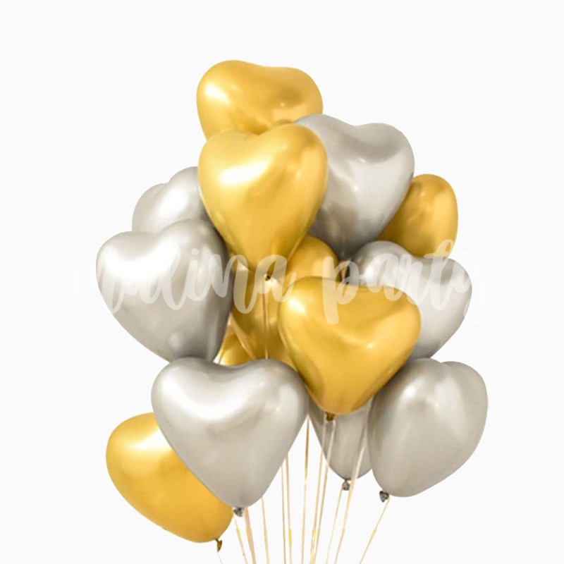 Букет воздушных шаров сердца золото и серебро хром