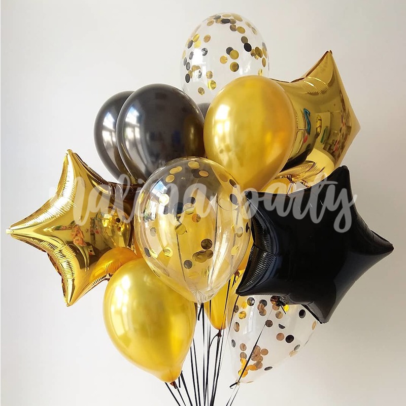 Букет воздушных шаров с гелием Золото, черный и конфетти