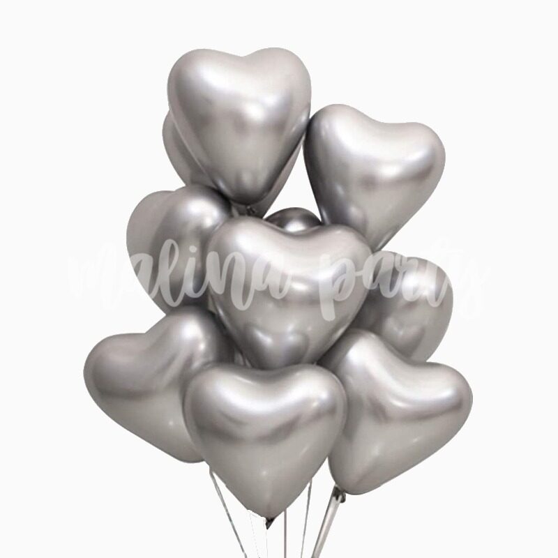 Букет воздушных шаров с гелием сердца серебро хром