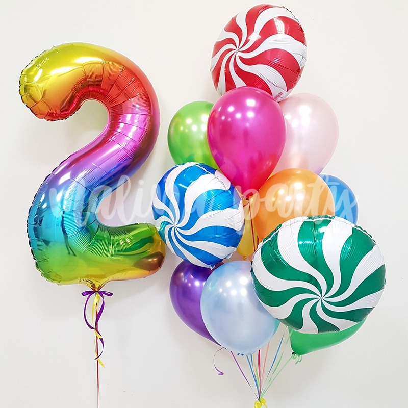 Набор воздушных шаров с гелием Радужная цифра и леденцы на день рождения