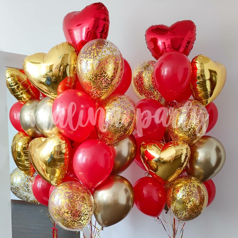 Фонтаны из воздушных шаров Золото и красный с конфетти
