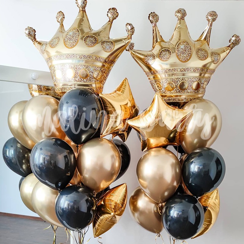 Фонтаны из воздушных шаров с гелием Золото и черный с короной