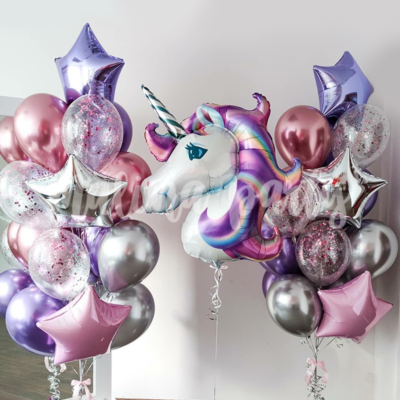 Фонтаны из воздушных шаров с гелием Лиловый единорог