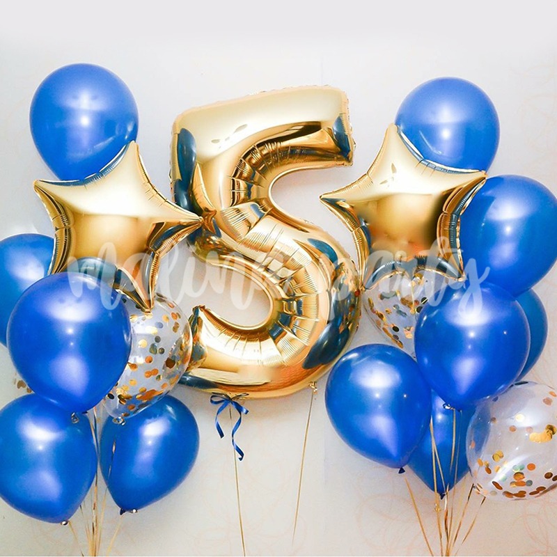 Набор воздушных шаров с гелием Синий и золото с цифрой на день рождения