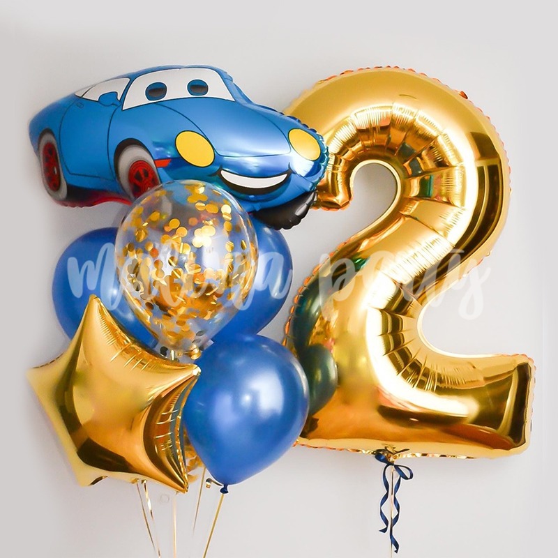 Набор воздушных шаров Синяя машина и цифра золото на день рождения