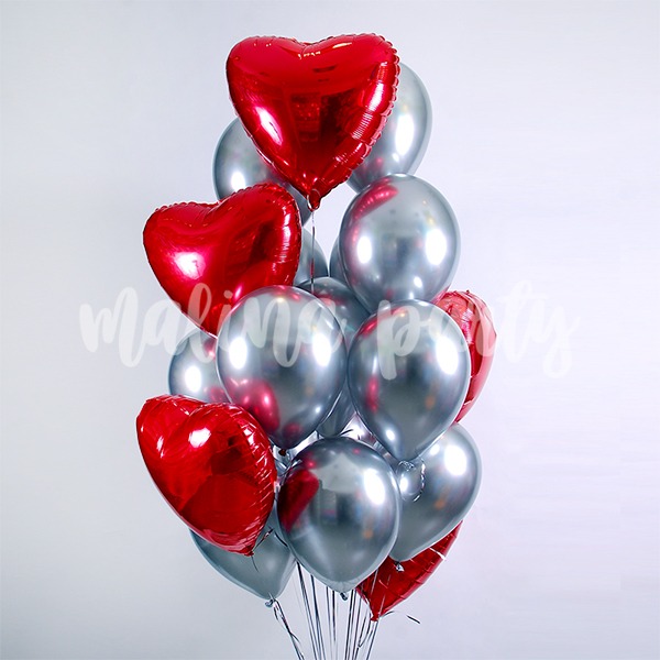 Букет воздушных шаров с гелием Сердца и хром серебро