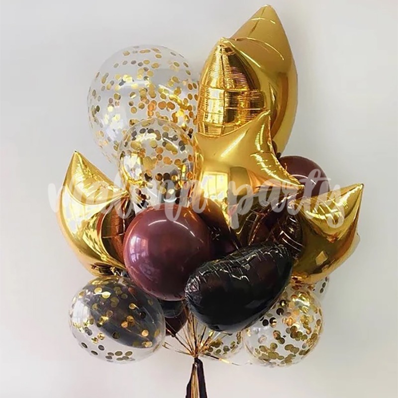 Букет воздушных шаров с гелием Золото звезды и конфетти