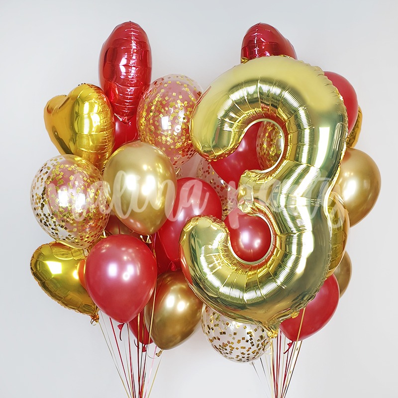Фонтаны из воздушных шаров с гелием Золото и красный с цифрой