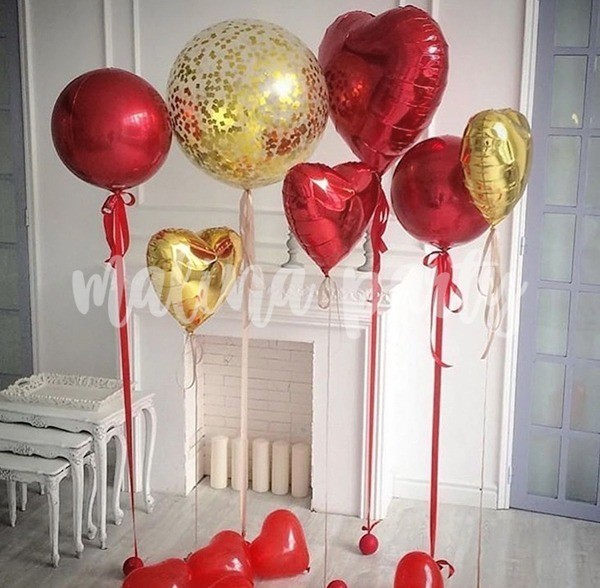 Набор воздушных шаров с гелием Золото и красные сердца
