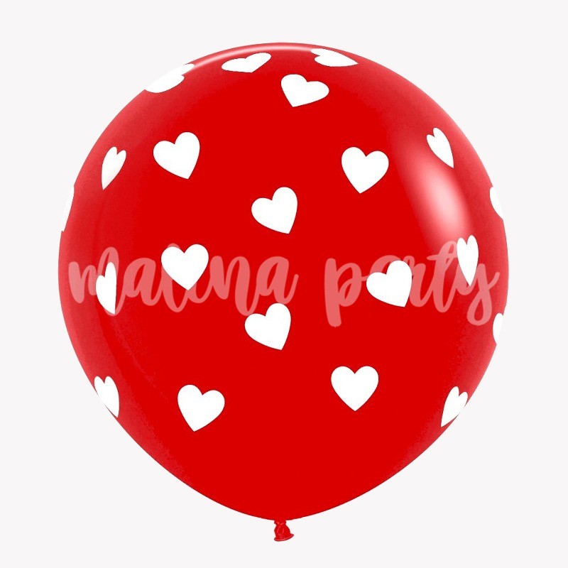 Огромный воздушный шар гелиевый красный и белые сердечки