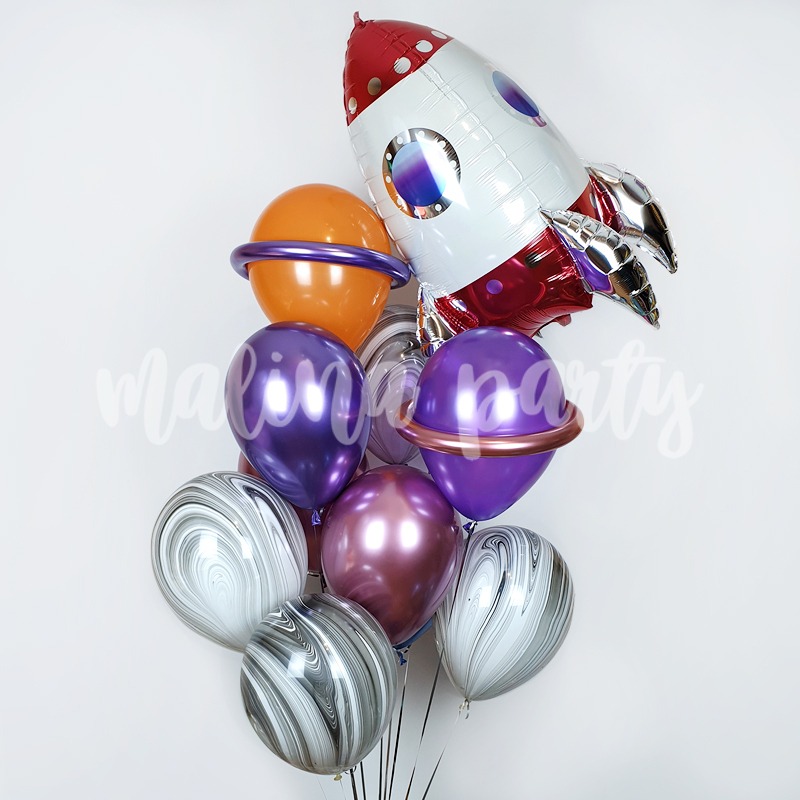Букет воздушных шаров с гелием хром, агаты и ракета